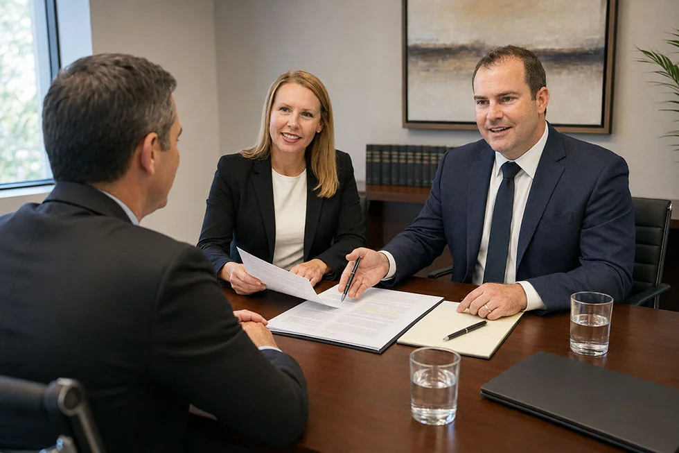 Bradley Gies and co-counsel review a contract with a corporate client.
