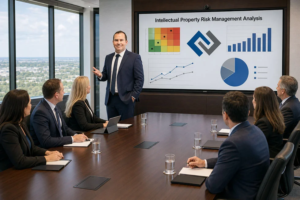 Bradley Gies presents an intellectual property risk management analysis to corporate executives.